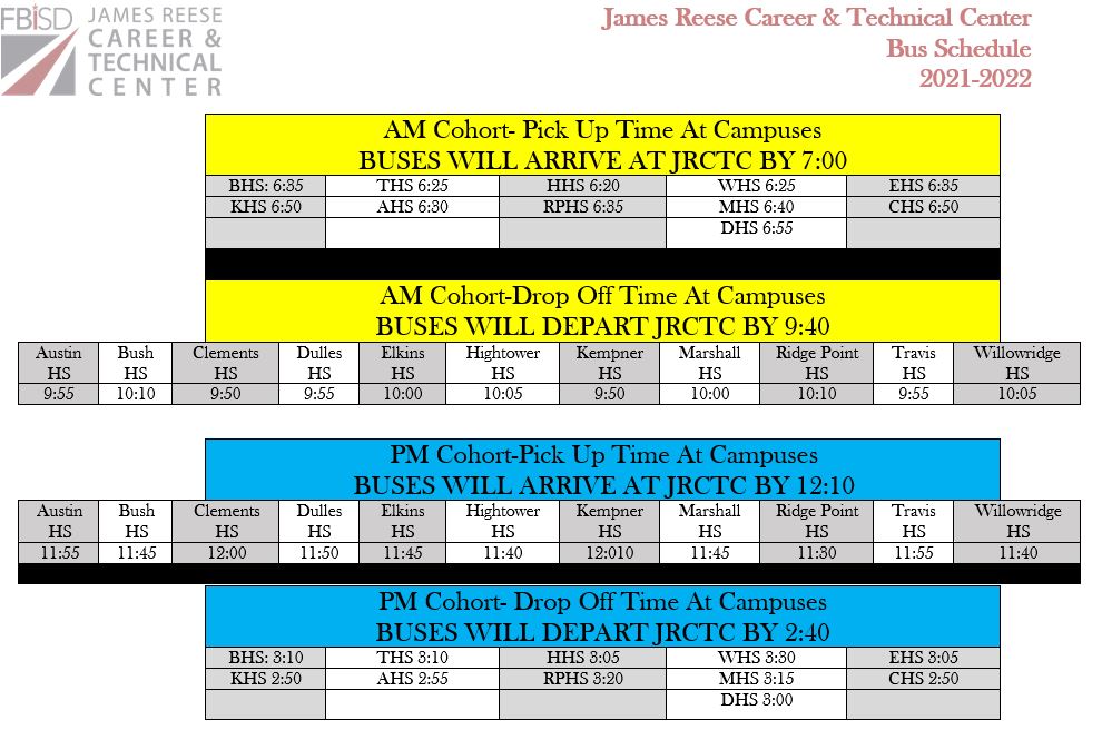 Bus Schedule for Reese Center 20212022 / JRCTC Bus Schedule 202122